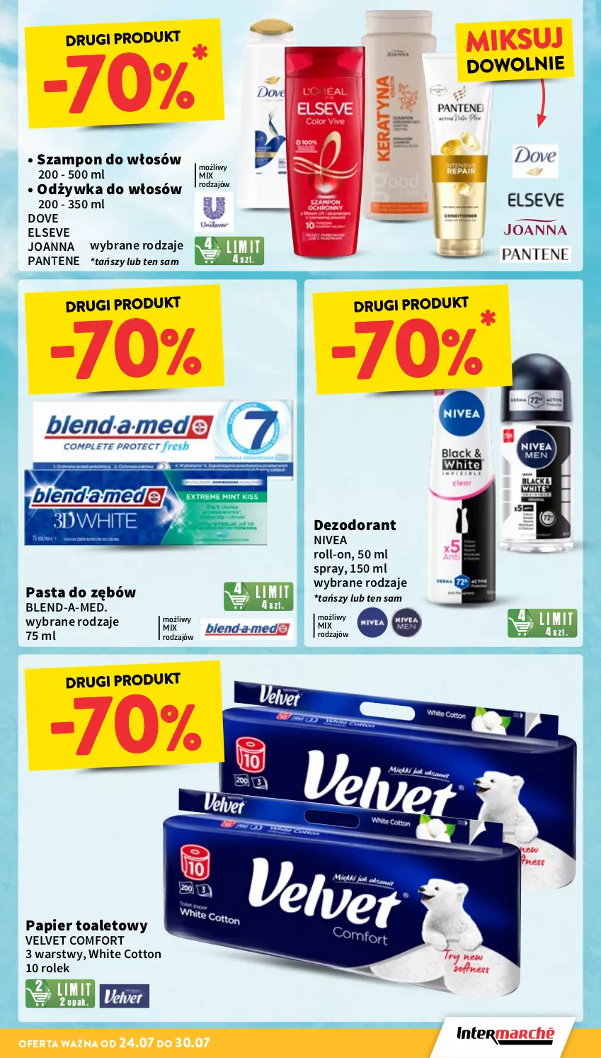 Gazetka promocyjna Intermarche - Gazetka Intermarche - ważna 24.07 do 30.07.2025 - strona 7 - produkty: Blend-a-Med, Dezodorant, Dove, Elseve, Joanna, Nivea, Odżywka, Pantene, Papier, Papier toaletowy, Pasta do zębów, Szampon, Velvet