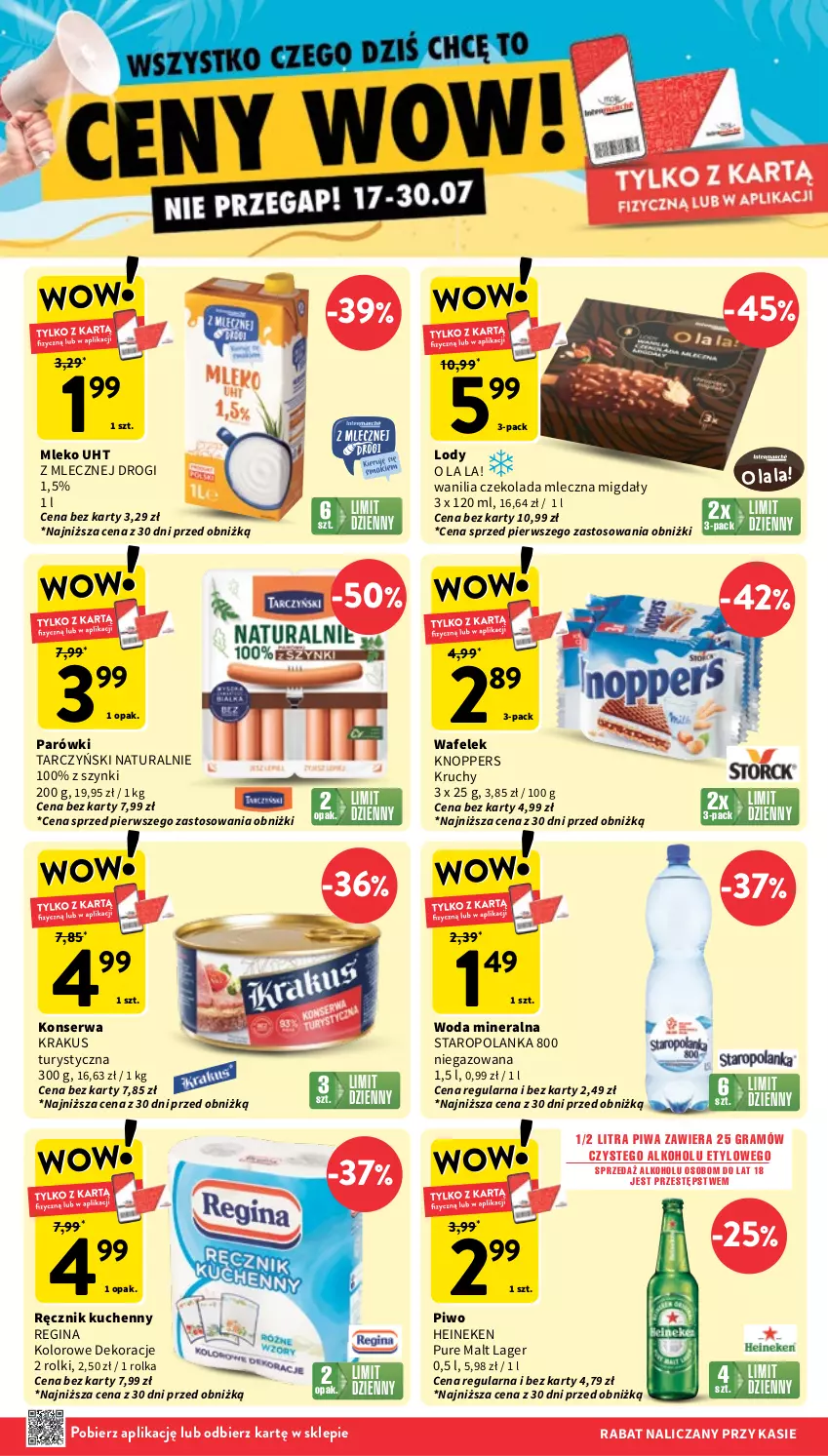 Gazetka promocyjna Intermarche - Gazetka Intermarche - ważna 24.07 do 30.07.2025 - strona 8 - produkty: Czekolada, Czekolada mleczna, Gin, Gra, Heineken, Knoppers, Krakus, Lody, Migdały, Mleko, Parówki, Piwa, Piwo, Pur, Ręcznik, Ręcznik kuchenny, Rolki, Ser, Staropolanka, Tarczyński, Wafelek, Woda, Woda mineralna