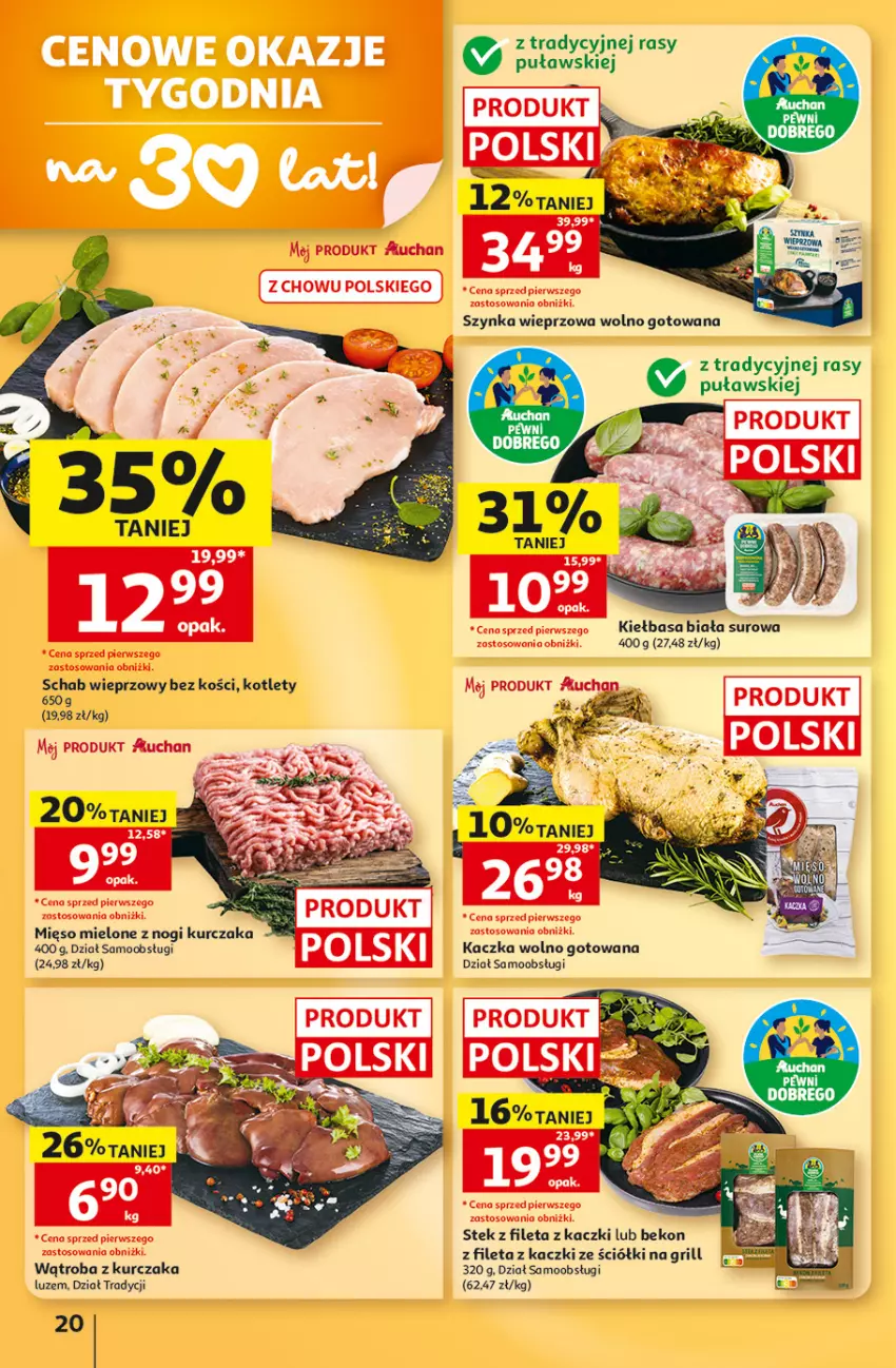 Gazetka promocyjna Auchan - Gazetka 30 Lat Hipermarket Auchan - ważna 13.08 do 19.08.2026 - strona 20 - produkty: Beko, Grill, Kaczka, Kiełbasa, Kiełbasa biała, Kotlet, Kurczak, Mięso, Mięso mielone, Schab wieprzowy, Stek