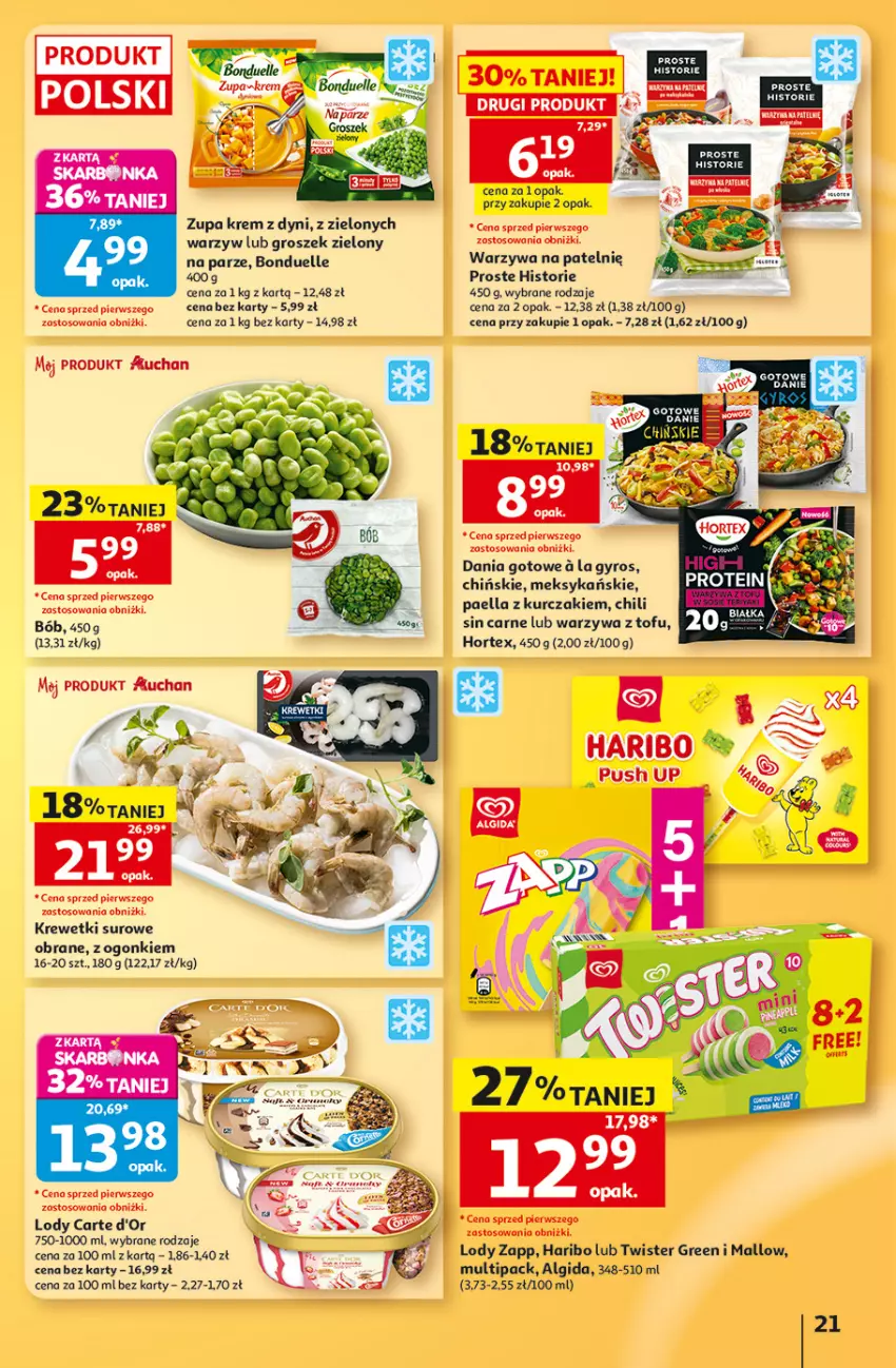 Gazetka promocyjna Auchan - Gazetka 30 Lat Hipermarket Auchan - ważna 13.08 do 19.08.2026 - strona 21 - produkty: Algida, Bonduelle, Carte d'Or, Dania gotowe, Groszek, Gyros, Haribo, Hortex, Krewetki, Kurczak, LG, Lody, Tofu, Warzywa, Zupa