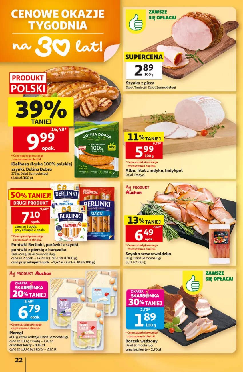 Gazetka promocyjna Auchan - Gazetka 30 Lat Hipermarket Auchan - ważna 13.08 do 19.08.2026 - strona 22 - produkty: Berlinki, Boczek, Kiełbasa, Kiełbasa śląska, Kurczak, Parówki, Piec, Pierogi, Szynka