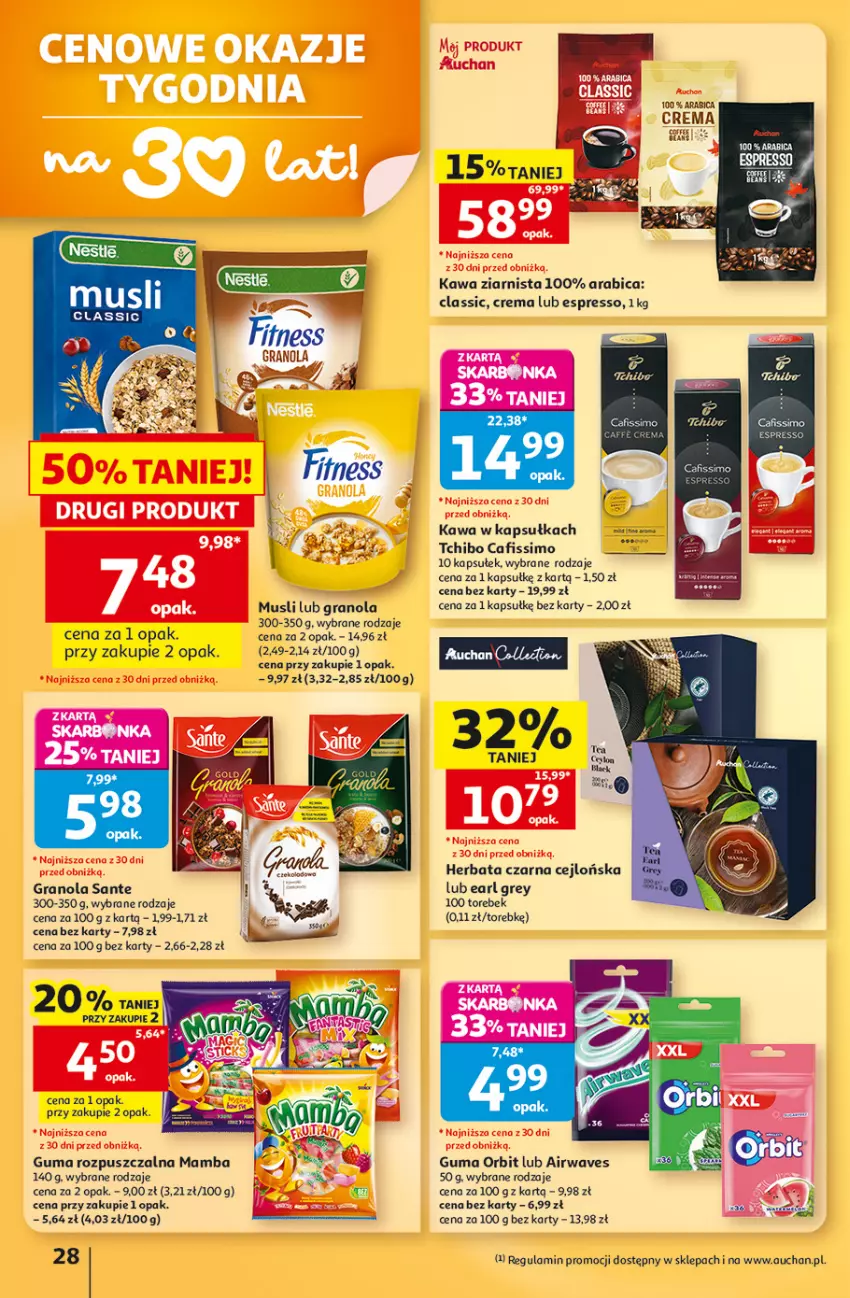 Gazetka promocyjna Auchan - Gazetka 30 Lat Hipermarket Auchan - ważna 13.08 do 19.08.2026 - strona 28 - produkty: BIC, Cafissimo, Earl Grey, Gra, Granola, Guma rozpuszczalna, Herbata, Herbata czarna, Kawa, Kawa ziarnista, Mamba, Mus, Orbit, Sante, Tchibo