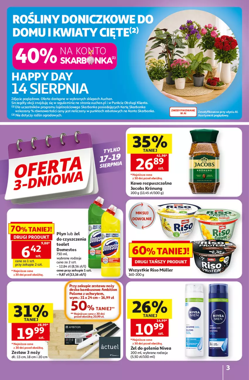 Gazetka promocyjna Auchan - Gazetka 30 Lat Hipermarket Auchan - ważna 13.08 do 19.08.2026 - strona 3 - produkty: Ambition, Domestos, Jacobs, Kawa, Kawa rozpuszczalna, Kwiaty cięte, Nivea, Noż