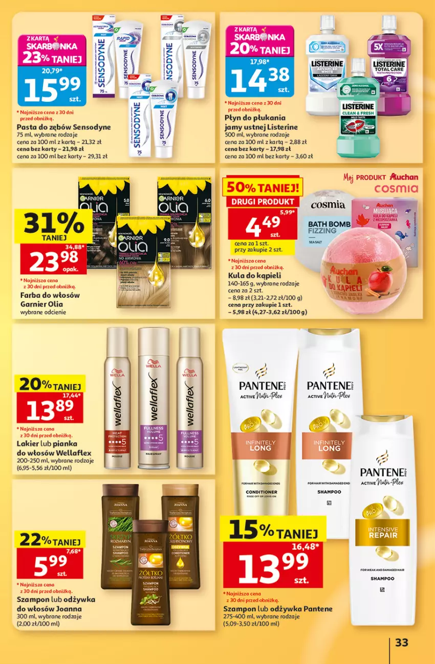 Gazetka promocyjna Auchan - Gazetka 30 Lat Hipermarket Auchan - ważna 13.08 do 19.08.2026 - strona 33 - produkty: Fa, Farba do włosów, Garnier, Joanna, Kula do kąpieli, Lakier, Listerine, Odżywka, Pantene, Pasta do zębów, Pianka do włosów, Płyn do płukania, Płyn do płukania jamy ustnej, Sensodyne, Szampon, Wella, Wellaflex