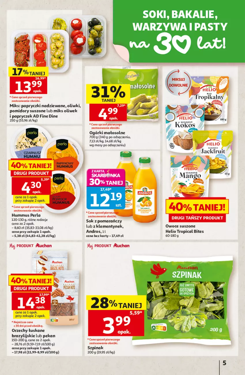 Gazetka promocyjna Auchan - Gazetka 30 Lat Hipermarket Auchan - ważna 13.08 do 19.08.2026 - strona 5 - produkty: Helio, Hummus, Mus, Oliwki, Owoce, Owoce suszone, Papryczki nadziewane, Pomidory, Sok, Szpinak, Tropical, Warzywa