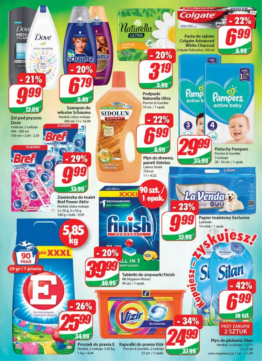 Gazetka promocyjna Dino - Gazetka - ważna 12.05 do 18.05.2021 - strona 19 - produkty: Bref, Colgate, Dove, Fa, Finish, Kapsułki do prania, LG, Naturell, Naturella, Palmolive, Pampers, Papier, Papier toaletowy, Pieluchy, Podpaski, Proszek do prania, Schauma, Sidolux, Szampon, Tablet, Tabletki do zmywarki, Vizir, Zmywarki