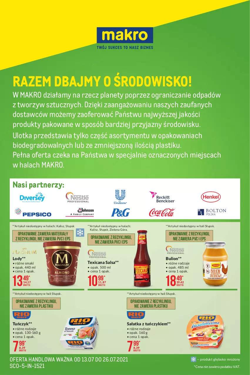 Gazetka promocyjna Makro - [Mniej plastiku] Artykuły spożywcze i przemysłowe - ważna 13.07 do 26.07.2021 - strona 1 - produkty: Bulion, Fa, Gra, Lion, Lody, Sałat, Sałatka, Salsa, Texicana Salsa, Tuńczyk