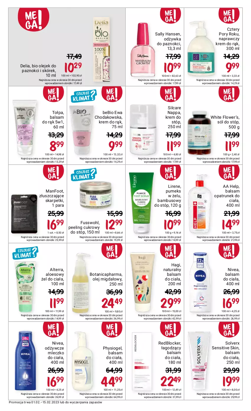 Gazetka promocyjna Rossmann - 1 lutego - ważna 01.02 do 15.02.2023 - strona 13 - produkty: Alterra, Balsam do ciała, Karp, Krem do rąk, Krem do stóp, Lirene, Mleczko, Mleczko do ciała, Nivea, Odżywka, Olej, Peeling, Physiogel, Por, Pumeks, Sally Hansen, Skarpetki, Sól, Tołpa