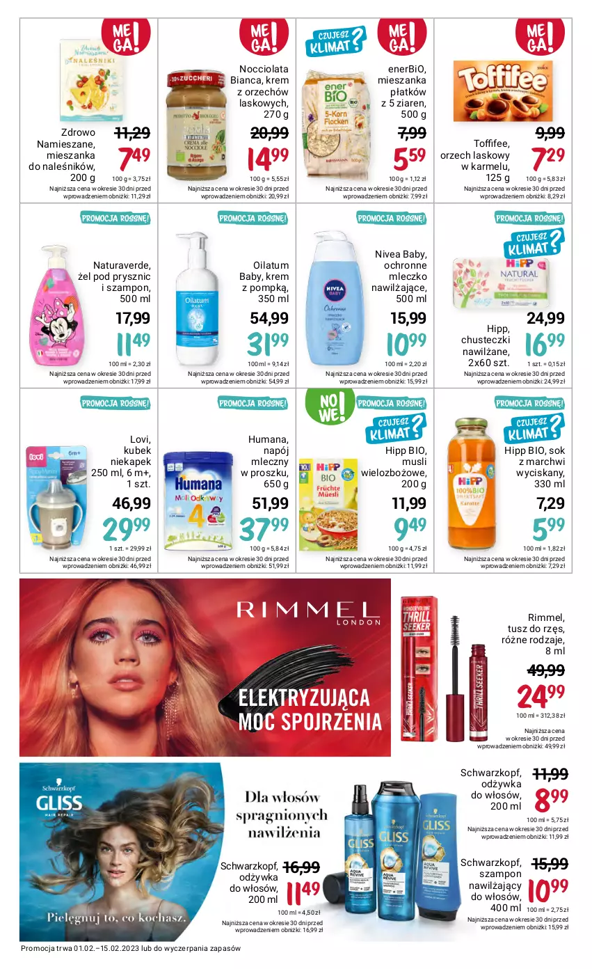 Gazetka promocyjna Rossmann - 1 lutego - ważna 01.02 do 15.02.2023 - strona 15 - produkty: Chusteczki, Enerbio, HiPP, Hipp Bio, Humana, Kubek, Lovi, Mleczko, Mus, Napój, Napój mleczny, Nivea, Nivea Baby, Odżywka, Oilatum, Schwarzkopf, Sok, Szampon, Toffifee, Tusz