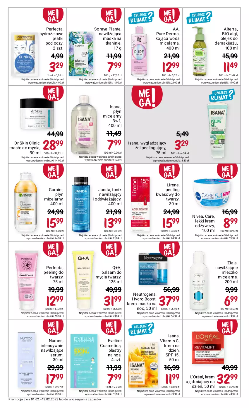 Gazetka promocyjna Rossmann - 1 lutego - ważna 01.02 do 15.02.2023 - strona 8 - produkty: Alterra, Clin, Eveline, Garnier, Hydrożelowe płatki pod oczy, Isana, Krem na dzień, Krem odżywczy, L’Oréal, LG, Lirene, Makijaż, Maska, Masło, Mleczko, Neutrogena, Nivea, Olej, Olejek do demakijażu, Peeling, Perfecta, Płyn micelarny, Pur, Rum, Ser, Serum, Tonik, Woda, Woda micelarna, Ziaja