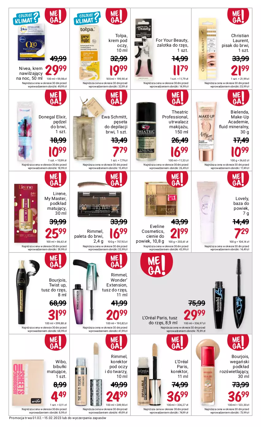 Gazetka promocyjna Rossmann - 1 lutego - ważna 01.02 do 15.02.2023 - strona 9 - produkty: Bibułki, Bielenda, Bourjois, Eveline, Ewa Schmitt, For Your Beauty, Krem nawilżający, Krem pod oczy, L’Oréal, Laur, Lirene, Lovely, Makijaż, Nivea, Paleta, Pęseta, Podkład, Podkład matujący, Tołpa, Tusz, Wibo