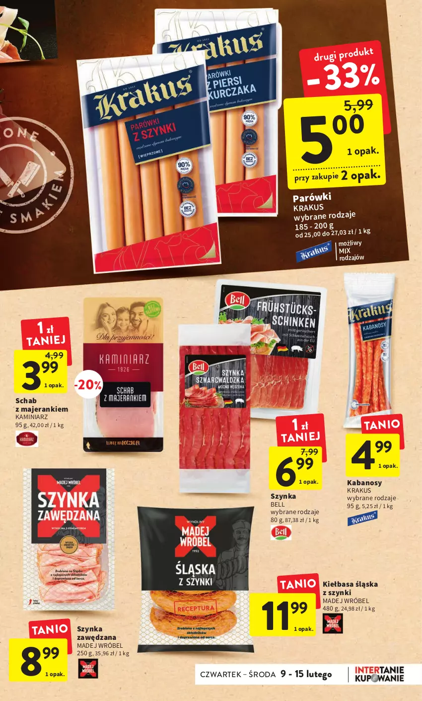 Gazetka promocyjna Intermarche - Gazetka Intermarche - ważna 09.02 do 15.02.2023 - strona 19 - produkty: Bell, Kabanos, Kiełbasa, Kiełbasa śląska, Krakus, Madej Wróbel, Parówki, Szynka