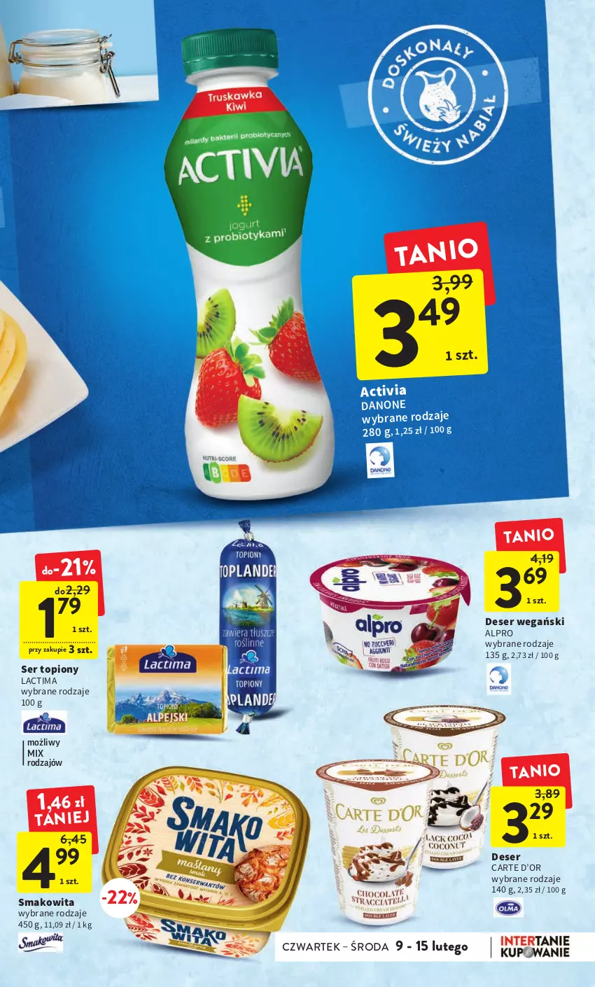 Gazetka promocyjna Intermarche - Gazetka Intermarche - ważna 09.02 do 15.02.2023 - strona 27 - produkty: Activia, Alpro, Danone, Deser, Ser, Ser topiony, Smakowita, Top