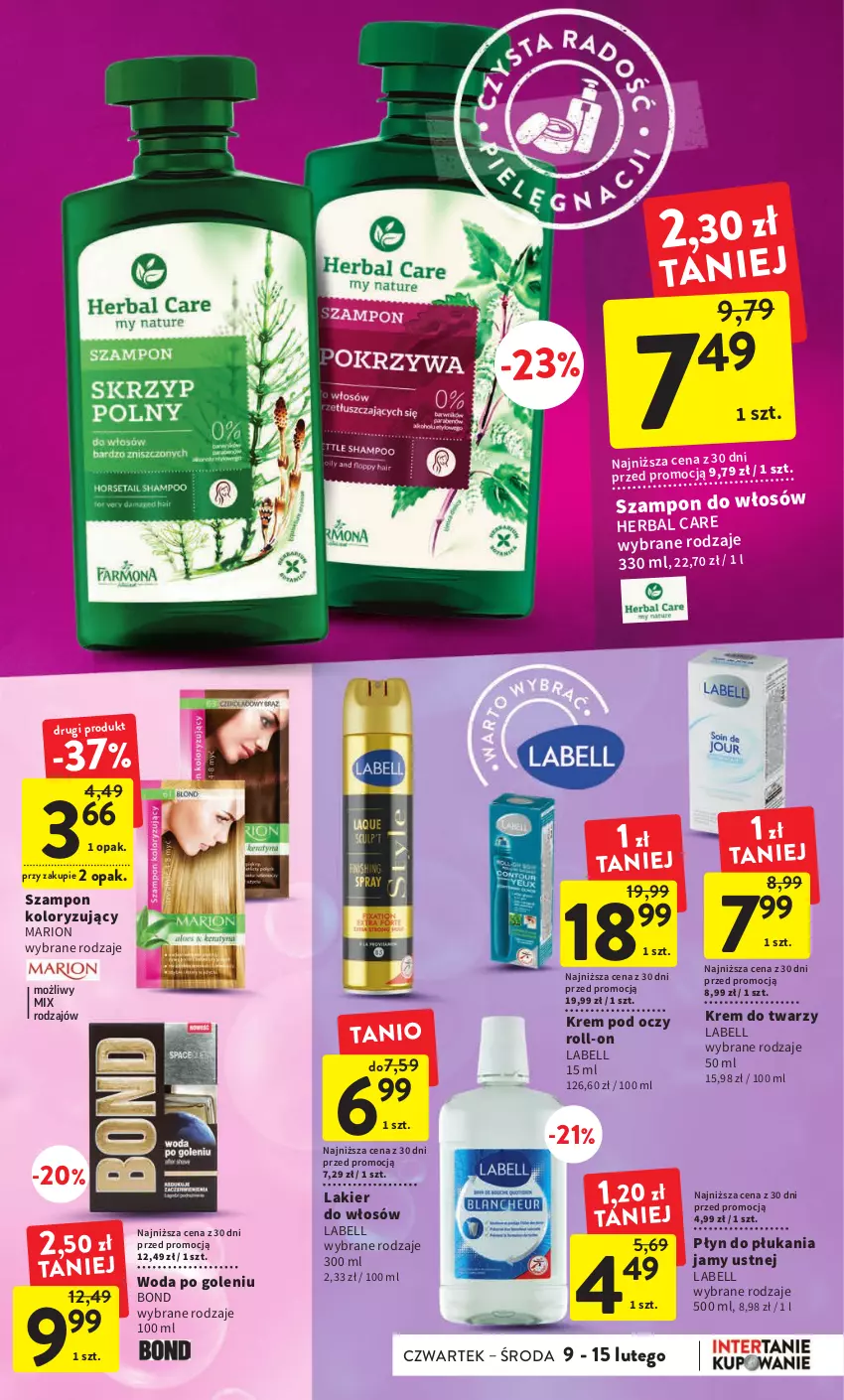 Gazetka promocyjna Intermarche - Gazetka Intermarche - ważna 09.02 do 15.02.2023 - strona 37 - produkty: Bell, Krem do twarzy, Krem pod oczy, Lakier, Lakier do włosów, Płyn do płukania, Płyn do płukania jamy ustnej, Szampon, Woda, Woda po goleniu