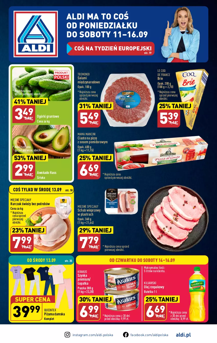 Gazetka promocyjna Aldi - Pełna oferta - ważna 11.09 do 16.09.2023 - strona 1 - produkty: Brie, Fa, Gra, Grunt, Krakus, Kujawski, Kurczak, Mięsne specjały, Olej, Olej rzepakowy, Piżama, Queentex, Salami, Schab wieprzowy, Sos, Szynka, Szynka premium