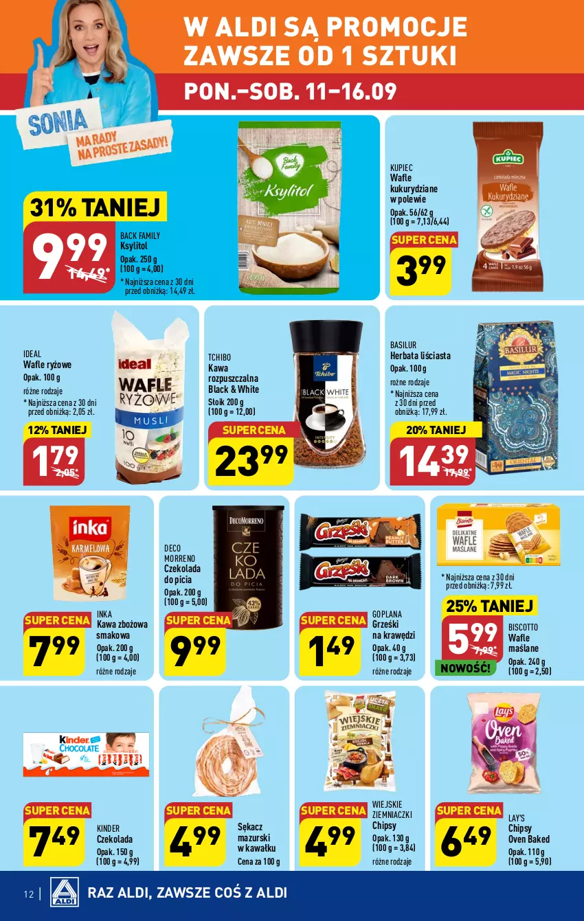 Gazetka promocyjna Aldi - Pełna oferta - ważna 11.09 do 16.09.2023 - strona 12 - produkty: Chipsy, Czekolada, Fa, Goplana, Grześki, Herbata, Inka, Kawa, Kawa rozpuszczalna, Kawa zbożowa, Kinder, Ksylitol, Kupiec, Lack, LANA, Piec, Ryż, Sękacz, Tchibo, Wafle