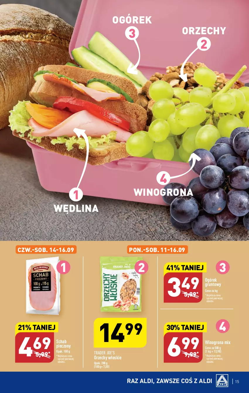 Gazetka promocyjna Aldi - Pełna oferta - ważna 11.09 do 16.09.2023 - strona 15 - produkty: Grunt, Ogórek, Orzechy włoskie, Piec, Schab pieczony, Wędlina, Wino, Winogrona