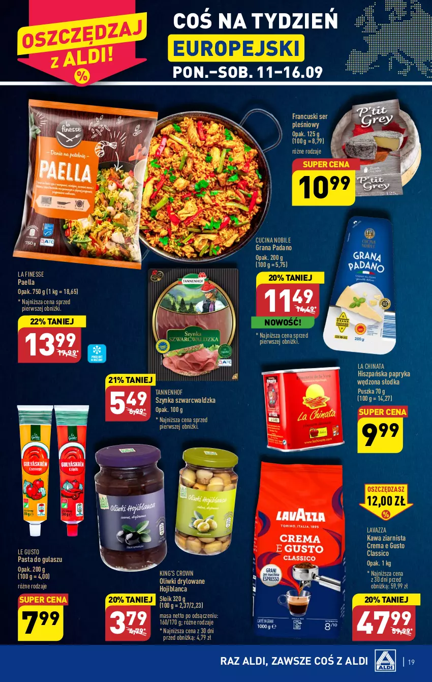 Gazetka promocyjna Aldi - Pełna oferta - ważna 11.09 do 16.09.2023 - strona 19 - produkty: Gra, Kawa, Kawa ziarnista, Lavazza, Oliwki, Papryka, Papryka wędzona, Ser, Ser pleśniowy, Szynka