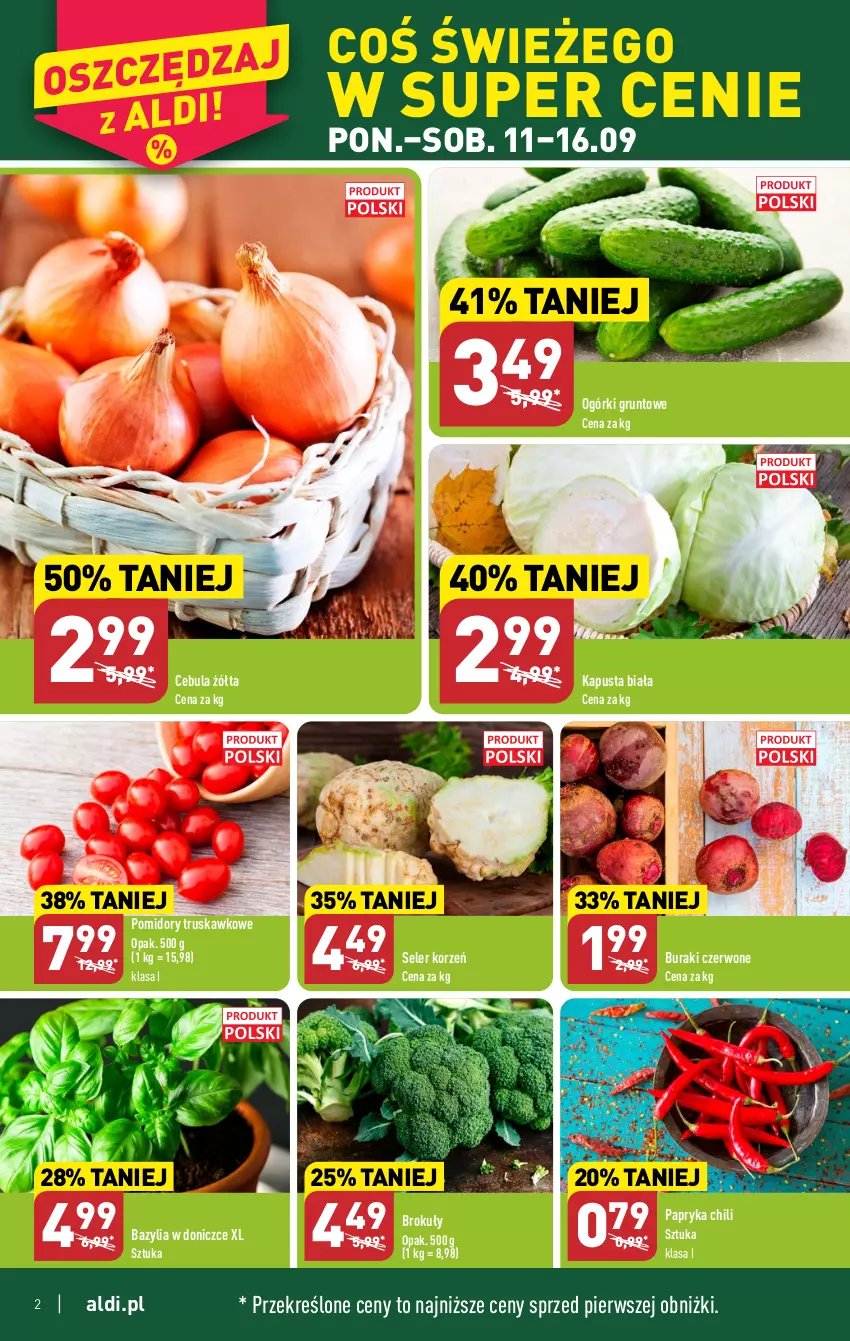 Gazetka promocyjna Aldi - Pełna oferta - ważna 11.09 do 16.09.2023 - strona 2 - produkty: Bazyl, Bazylia, Brokuły, Buraki, Cebula, Grunt, Papryka, Pomidory, Seler korzeń