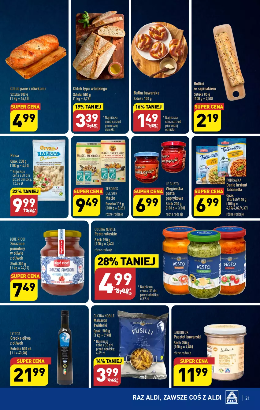 Gazetka promocyjna Aldi - Pełna oferta - ważna 11.09 do 16.09.2023 - strona 21 - produkty: Bułka, Chleb, Chleb typu włoskiego, Makaron, Małże, Oliwa z oliwek, Pasztet, Pesto, Podravka, Pomidory, Szpinak