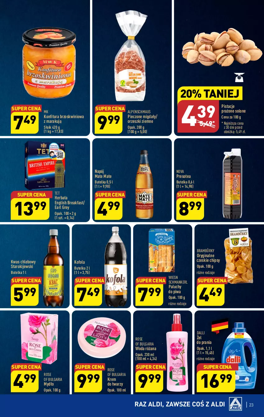 Gazetka promocyjna Aldi - Pełna oferta - ważna 11.09 do 16.09.2023 - strona 23 - produkty: Chipsy, Chleb, Earl Grey, Fa, Gin, Herbata, Kije, Konfitura, Krem do twarzy, LG, Migdały, Mydło, Napój, Orzeszki, Orzeszki ziemne, Piec, Pistacje, Piwa, Róża, Woda