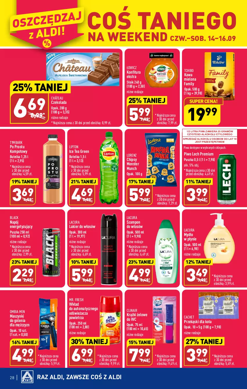 Gazetka promocyjna Aldi - Pełna oferta - ważna 11.09 do 16.09.2023 - strona 28 - produkty: Chipsy, Clin, Czekolada, Fa, Gra, Ice tea, Kawa, Kawa mielona, Konfitura, Lack, Lakier, Lakier do włosów, Lech Premium, Lipton, Lorenz, Monster Munch, Mydło, Mydło w płynie, Napój, Piwa, Piwo, Przekąski dla kota, Szampon, Tchibo, Tymbark