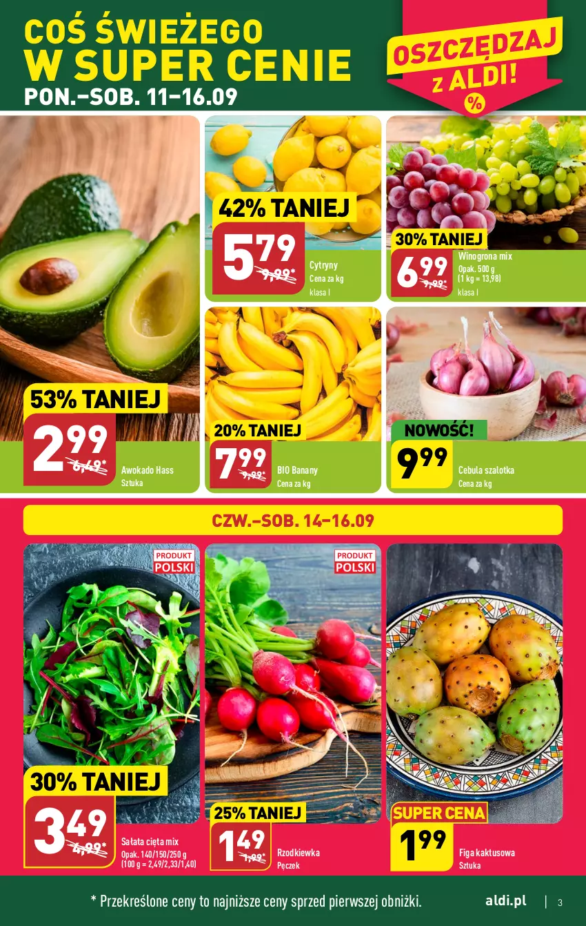 Gazetka promocyjna Aldi - Pełna oferta - ważna 11.09 do 16.09.2023 - strona 3 - produkty: Banany, Cebula, Cebula szalotka, Cytryny, Kaktus, Rzodkiewka, Sałat, Szal, Wino, Winogrona