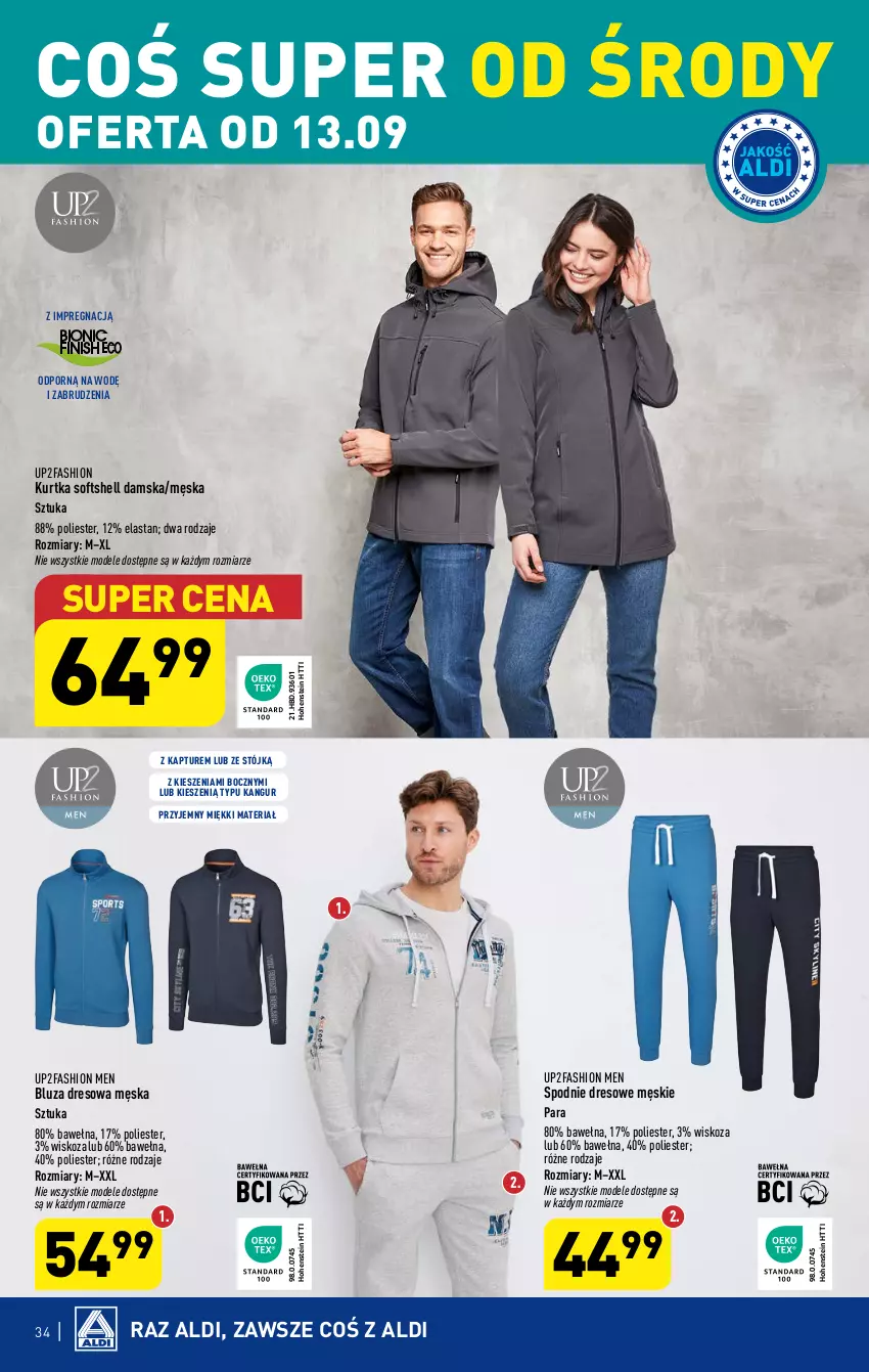 Gazetka promocyjna Aldi - Pełna oferta - ważna 11.09 do 16.09.2023 - strona 34 - produkty: Bluza, Bluza dresowa, Dres, Fa, Kurtka, Kurtka softshell, Por, Spodnie, Spodnie dresowe, Wełna