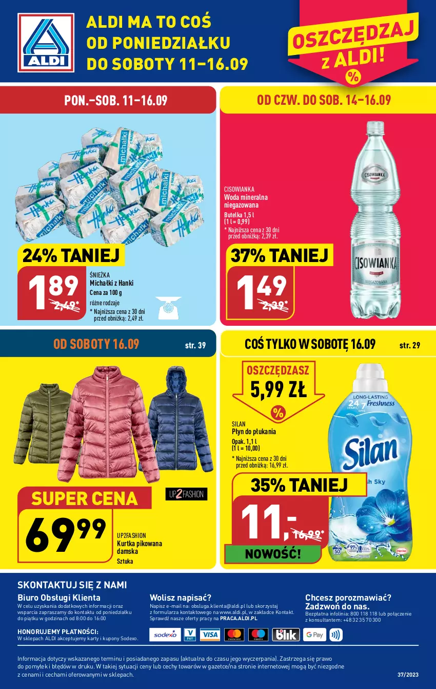 Gazetka promocyjna Aldi - Pełna oferta - ważna 11.09 do 16.09.2023 - strona 40 - produkty: Biuro, Cisowianka, Fa, Kurtka, Michałki, O nas, Płyn do płukania, Por, Silan, Woda, Woda mineralna