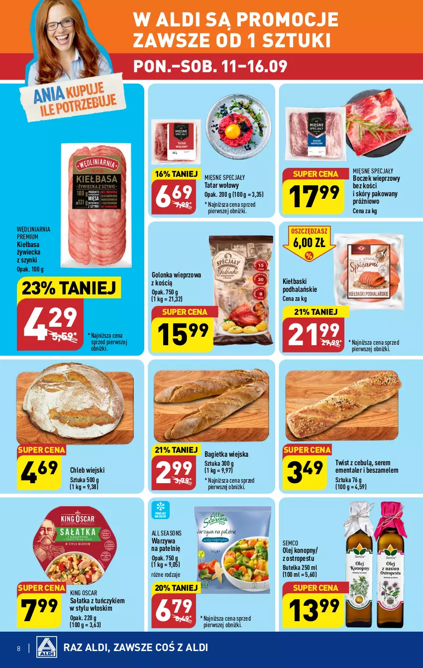 Gazetka promocyjna Aldi - Pełna oferta - ważna 11.09 do 16.09.2023 - strona 8 - produkty: All Seasons, Bagietka, Boczek, Boczek wieprzowy, Chleb, Ementaler, Golonka wieprzowa, Kiełbasa, Mięsne specjały, Olej, Ostropes, Sałat, Sałatka, Ser, Tatar wołowy, Tuńczyk, Warzywa