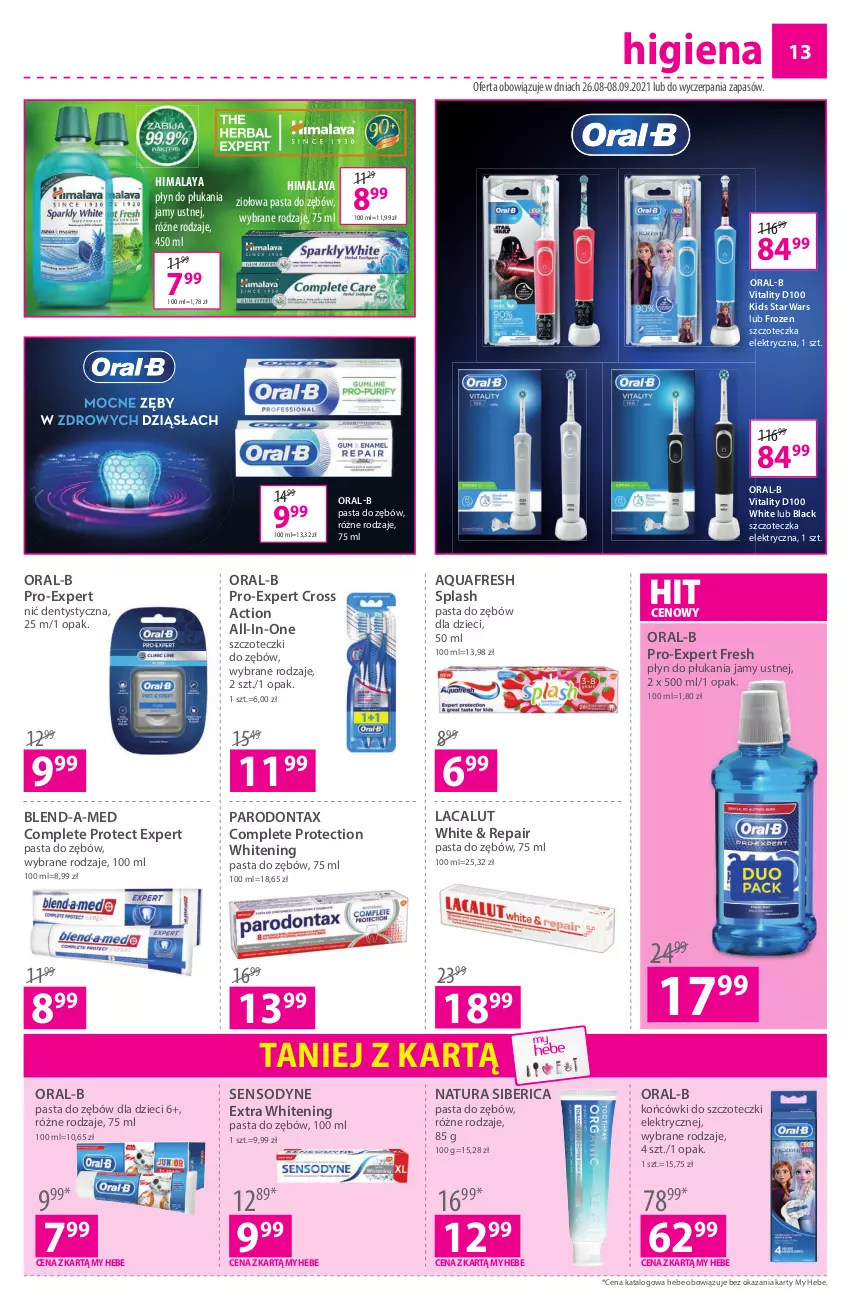 Gazetka promocyjna Hebe - Gazetka - ważna 26.08 do 08.09.2021 - strona 13 - produkty: Aquafresh, Blend-a-Med, Dzieci, Frozen, Himalaya, Końcówki do szczoteczk, Lacalut, Lack, Natura Siberica, Nić dentystyczna, Parodontax, Pasta do zębów, Płyn do płukania, Płyn do płukania jamy ustnej, Sensodyne, Star Wars, Szczoteczka