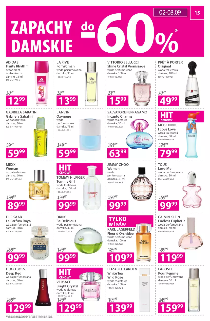 Gazetka promocyjna Hebe - Gazetka - ważna 26.08 do 08.09.2021 - strona 15 - produkty: Adidas, Bell, Brie, Calvin Klein, Dezodorant, DKNY, Elie Saab, Elizabeth Arden, Gabriela Sabatini, Gin, Hugo Boss, Jimmy Choo, Karl Lagerfeld, La Rive, Lacoste, Lanvin, Mexx, Moschino, Perfum, Por, Salvatore Ferragamo, Versace, Woda, Woda perfumowana, Woda toaletowa