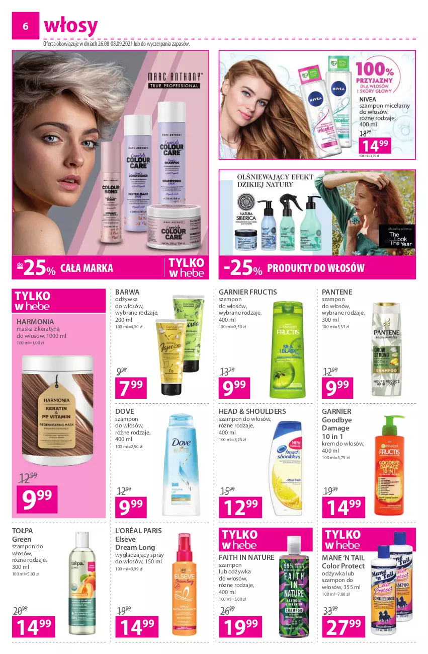 Gazetka promocyjna Hebe - Gazetka - ważna 26.08 do 08.09.2021 - strona 6 - produkty: Dove, Elseve, Fa, Fructis, Garnier, L’Oréal, Maska, Odżywka, Pantene, Szampon, Tołpa