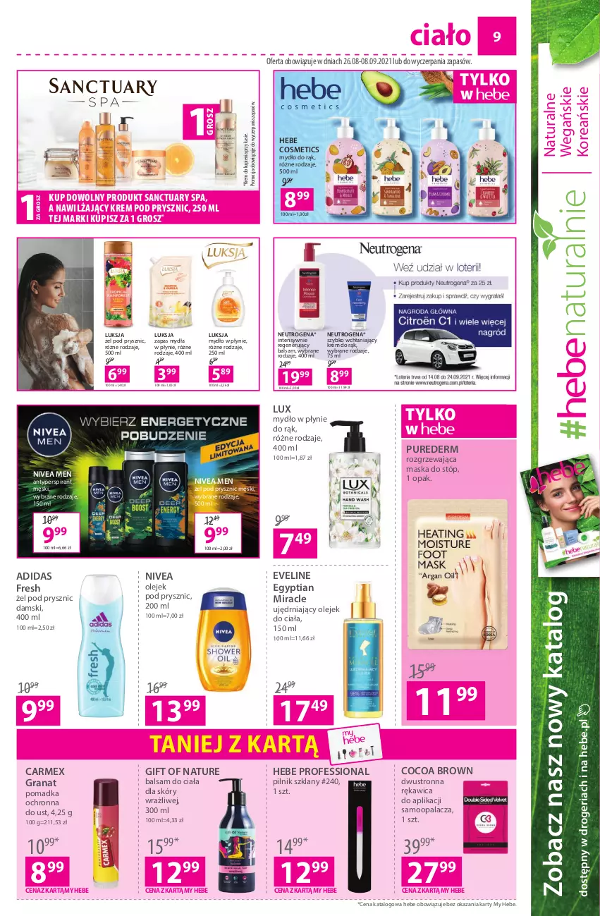 Gazetka promocyjna Hebe - Gazetka - ważna 26.08 do 08.09.2021 - strona 9 - produkty: Adidas, Antyperspirant, Balsam do ciała, Eveline, Gift of Nature, Gra, Granat, Hebe Cosmetics, Krem do rąk, Luksja, Maska, Maska do stóp, Mydło, Mydło w płynie, Neutrogena, Nivea, Nivea Men, Olej, Olejek do ciała, Olejek pod prysznic, Pilnik, Pur, Sanctuary Spa, Zapas mydła w płynie