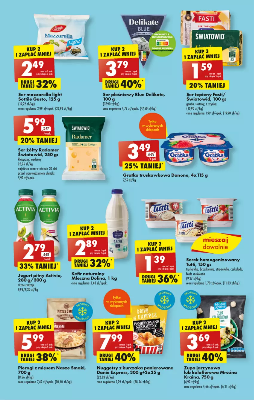 Gazetka promocyjna Biedronka - Od poniedzialku - ważna 14.08 do 19.08.2023 - strona 27 - produkty: Activia, Czekolada, Danone, Fa, Gouda, Gra, Jogurt, Jogurt pitny, Kalafior, Kefir, Kefir naturalny, Kurczak, Mozzarella, Pierogi, Radamer, Ser, Ser pleśniowy, Serek, Serek homogenizowany, Top, Zupa