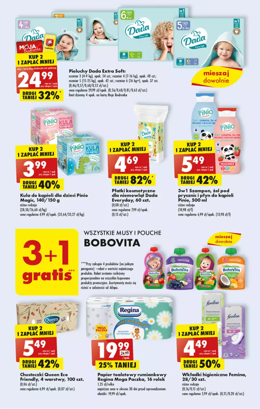 Gazetka promocyjna Biedronka - Od poniedzialku - ważna 14.08 do 19.08.2023 - strona 39 - produkty: Ba!, BoboVita, Chusteczki, Dada, Dron, Dzieci, Gin, Kula do kąpieli, Mus, Papier, Papier toaletowy, Pieluchy, Płatki kosmetyczne, Płyn do kąpieli, Por, Rum, Szampon, Wkładki