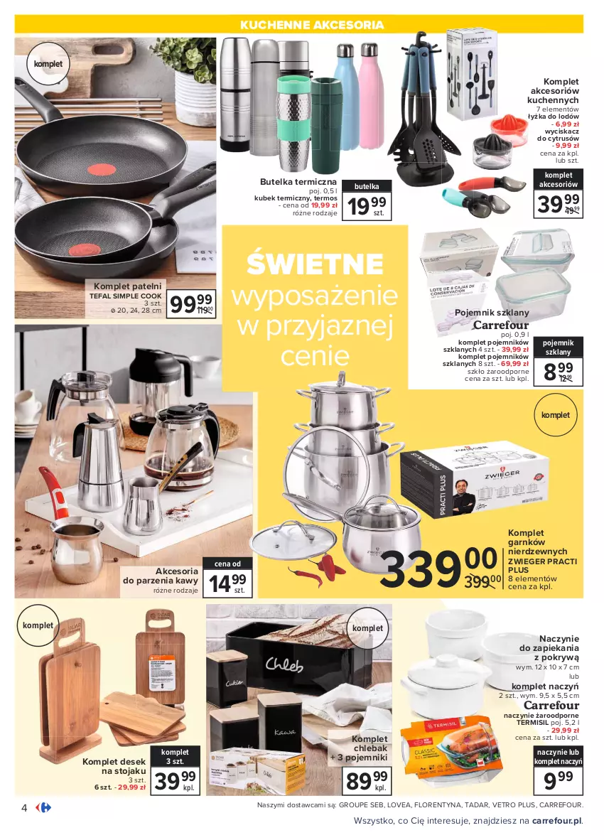 Gazetka promocyjna Carrefour - Gazetka Dom ożywa na wiosnę - ważna 08.03 do 20.03.2021 - strona 4 - produkty: Chleb, Chlebak, Fa, Komplet naczyń, Kubek, Kubek termiczny, Naczynie żaroodporne, Pojemnik, Pojemnik szklany, Por, Stojak, Tefal, Termos