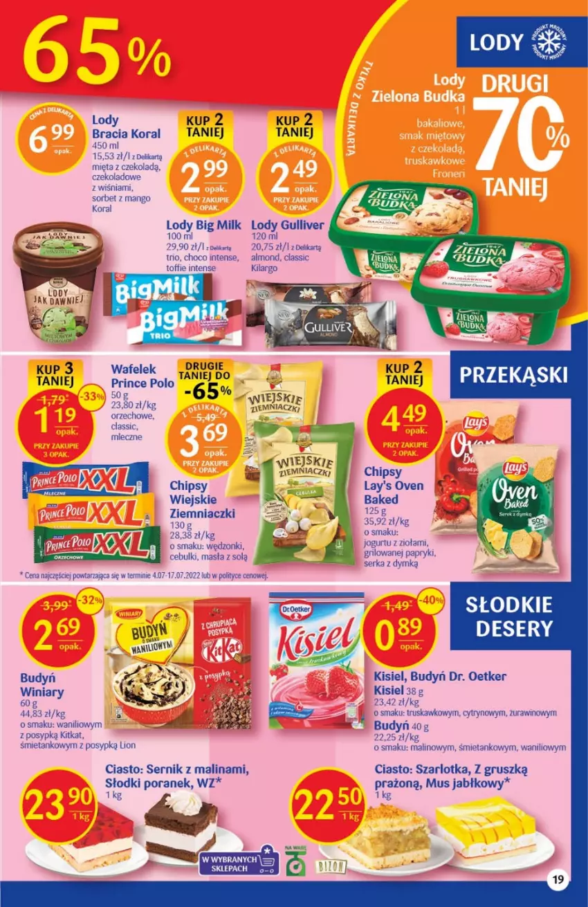 Gazetka promocyjna Delikatesy Centrum - Gazetka DC34 - ważna 01.09 do 07.09.2022 - strona 19 - produkty: Big Milk, Budyń, Chipsy, Deser, Dr. Oetker, Jogurt, Kisiel, Lion, Lody, Mango, Mięta, Mus, Por, Prince Polo, Ser, Szarlotka, Wafelek, Winiary, Wino