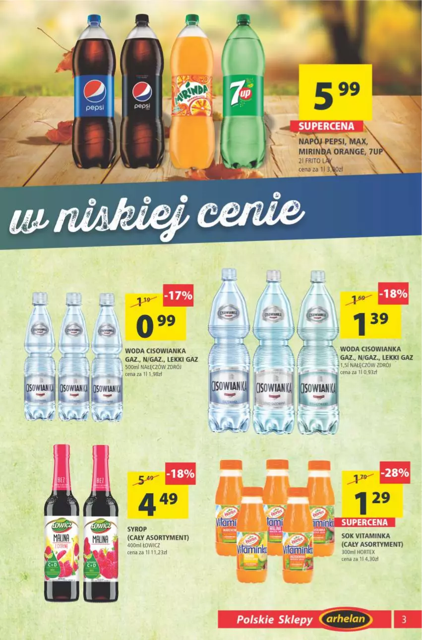 Gazetka promocyjna Arhelan - Gazetka - ważna 19.11 do 28.11.2021 - strona 3 - produkty: 7up, Cisowianka, Fa, Hortex, Napój, NBA, Pepsi, Syrop, Woda