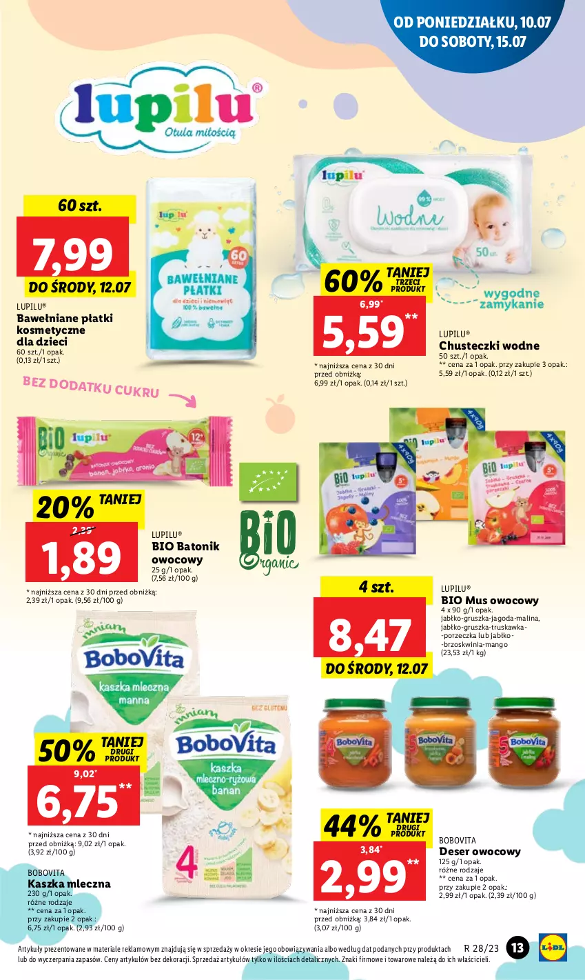 Gazetka promocyjna Lidl - GAZETKA - ważna 10.07 do 12.07.2023 - strona 14 - produkty: Baton, Bio Batonik, BoboVita, Chusteczki, Deser, Deser owocowy, Dzieci, Mango, Mus, Płatki kosmetyczne, Por, Ser, Tonik