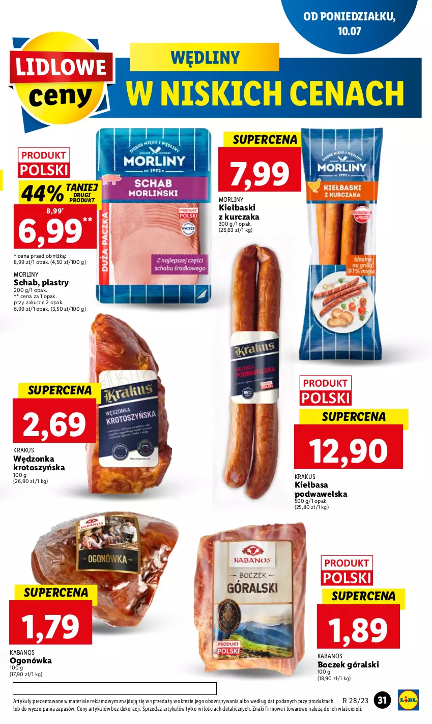 Gazetka promocyjna Lidl - GAZETKA - ważna 10.07 do 12.07.2023 - strona 36 - produkty: Boczek, Kabanos, Kiełbasa, Kiełbasa podwawelska, Krakus, Kurczak, Morliny, Ogonówka, Wawel