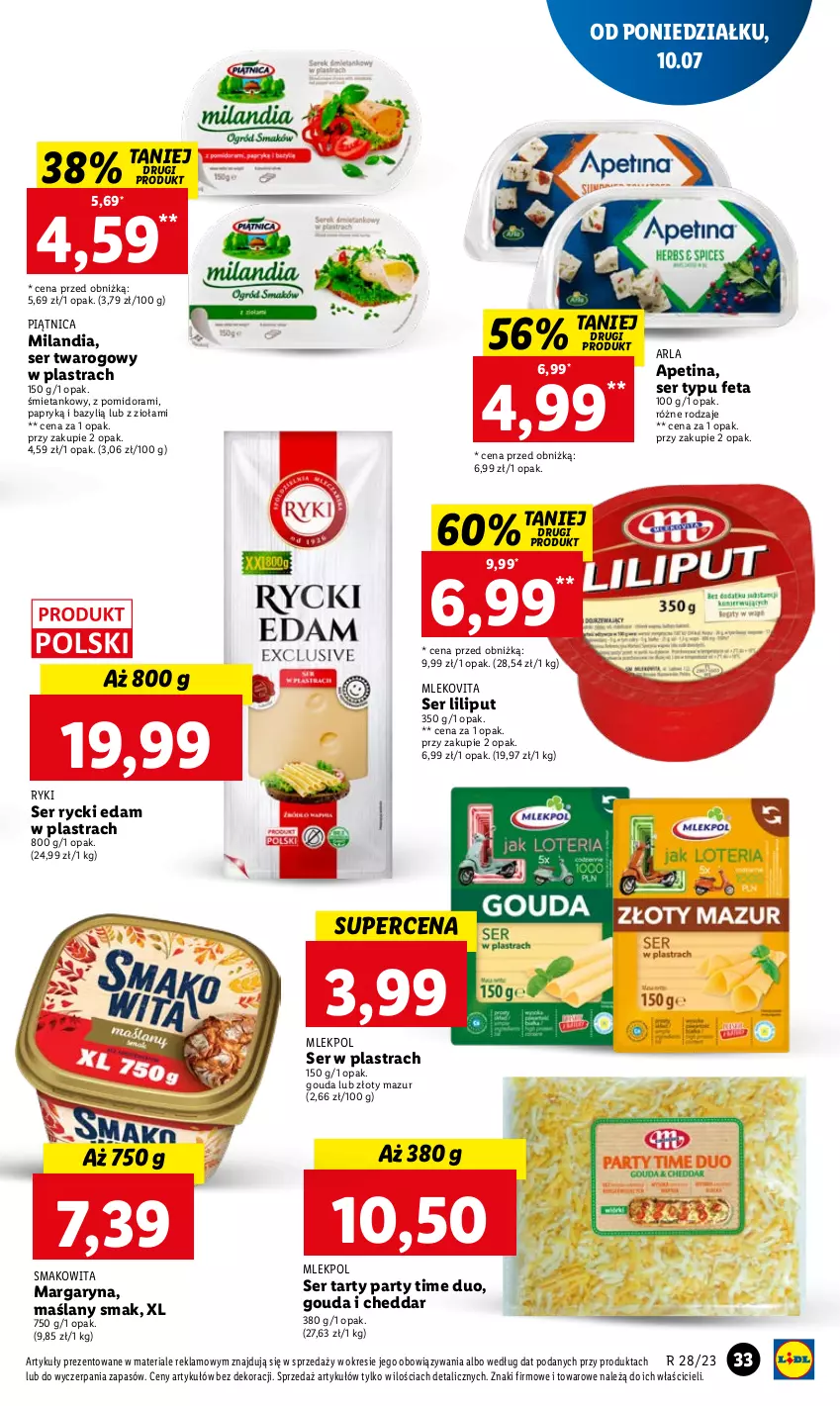 Gazetka promocyjna Lidl - GAZETKA - ważna 10.07 do 12.07.2023 - strona 38 - produkty: Bazyl, Cheddar, Edam, Feta, Gouda, Margaryna, Mleko, Mlekovita, Piątnica, Rycki Edam, Ser, Ser twarogowy, Smakowita, Złoty Mazur