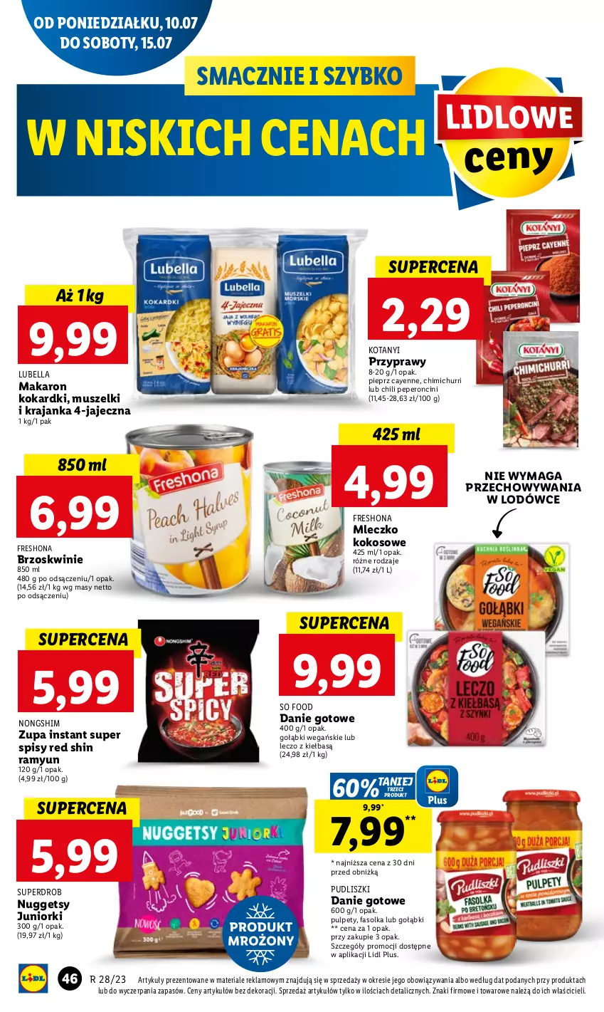 Gazetka promocyjna Lidl - GAZETKA - ważna 10.07 do 12.07.2023 - strona 51 - produkty: Bell, Bella, Brzoskwinie, Danie gotowe, Fa, Kokos, Lubella, Makaron, Mleczko, Mus, Pieprz, Przyprawy, Pudliszki, Pulpety, So Food, Zupa