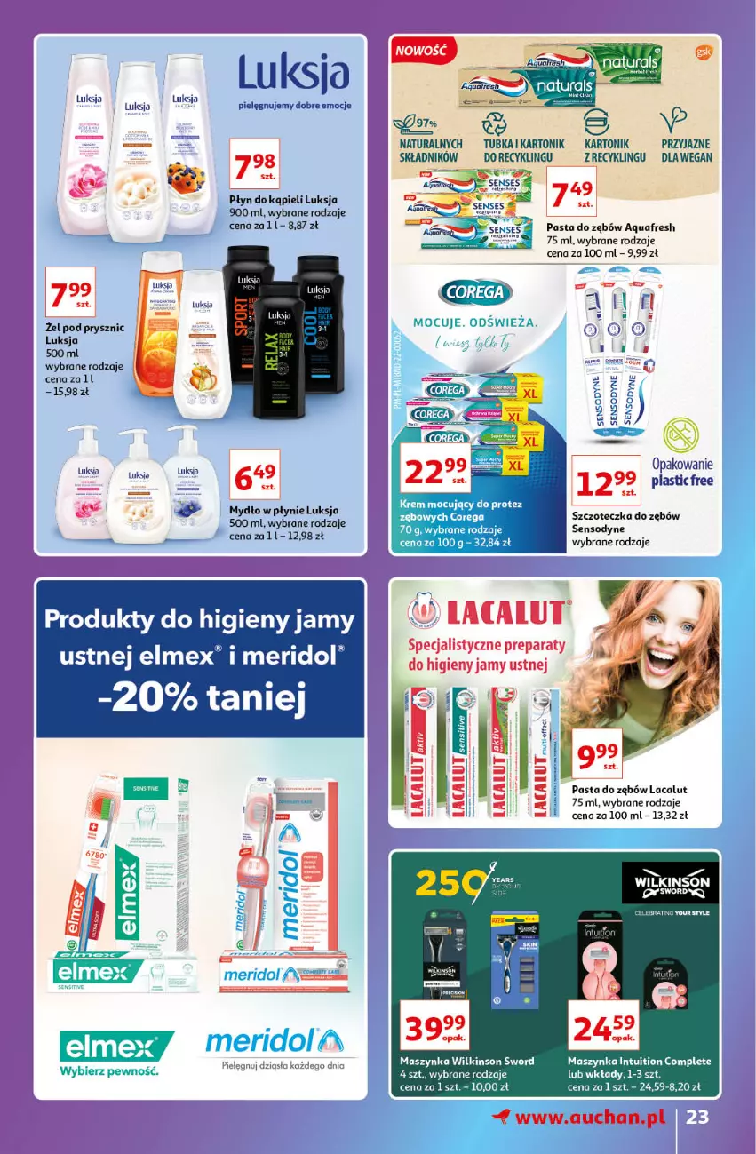 Gazetka promocyjna Auchan - Gazetka Znane Lubiane Marki Hipermarkety - ważna 08.09 do 14.09.2022 - strona 23 - produkty: Aquafresh, Lacalut, Luksja, Maszynka, Mydło, Pasta do zębów, Płyn do kąpieli, Sensodyne, Szczoteczka, Szczoteczka do zębów, Szynka, Wilkinson Sword