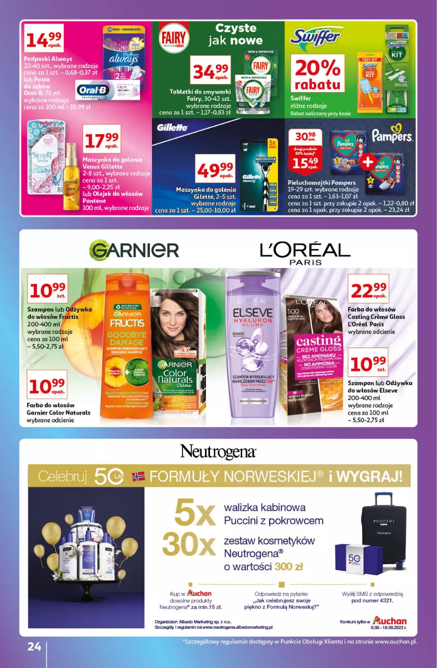 Gazetka promocyjna Auchan - Gazetka Znane Lubiane Marki Hipermarkety - ważna 08.09 do 14.09.2022 - strona 24 - produkty: Elseve, Fa, Fairy, Farba do włosów, Garnier, Majtki, Maszynka, Maszynka do golenia, Neutrogena, Odżywka, Pampers, Pieluchomajtki, Szampon, Szynka, Tablet, Tabletki do zmywarki, Walizka, Zmywarki