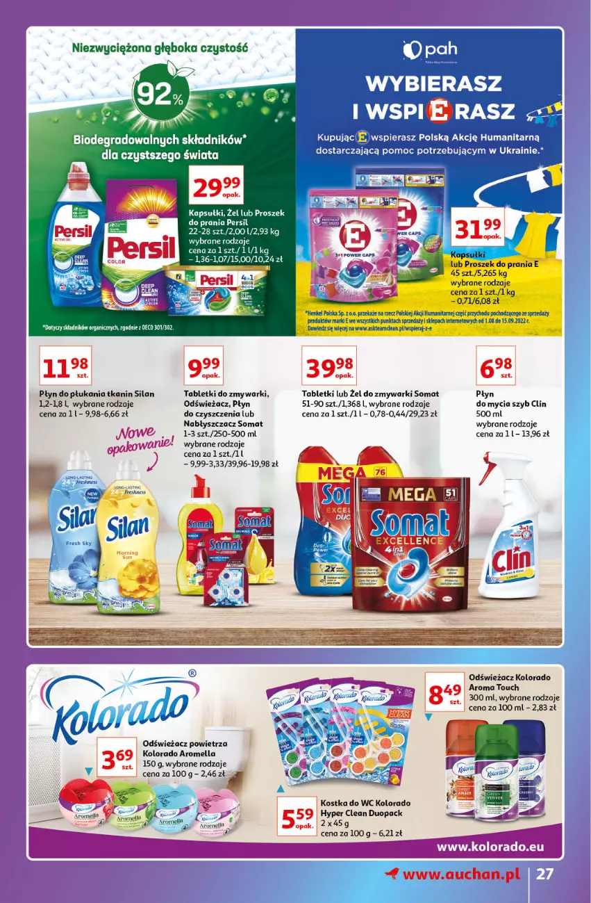 Gazetka promocyjna Auchan - Gazetka Znane Lubiane Marki Hipermarkety - ważna 08.09 do 14.09.2022 - strona 27 - produkty: Clin, Kolorado, Kostka do wc, Odświeżacz powietrza, Persil, Płyn do płukania, Silan, Somat, Tablet, Tabletki do zmywarki, Zmywarki