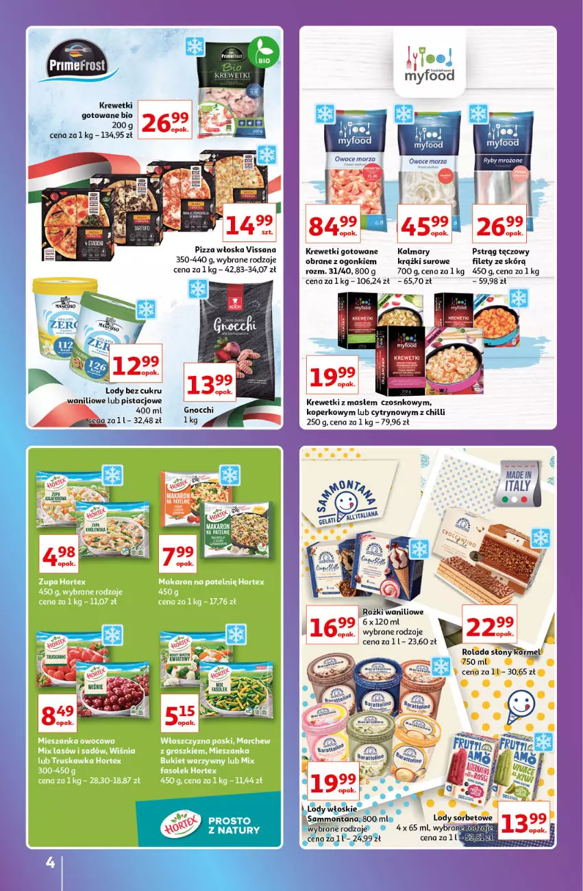 Gazetka promocyjna Auchan - Gazetka Znane Lubiane Marki Hipermarkety - ważna 08.09 do 14.09.2022 - strona 4 - produkty: Bukiet, Bukiet warzyw, Gnocchi, Hortex, Kalmar, Kalmary, Krewetki, Lody, Makaron, Pizza, Pstrąg, Pstrąg tęczowy, Ser, Zupa