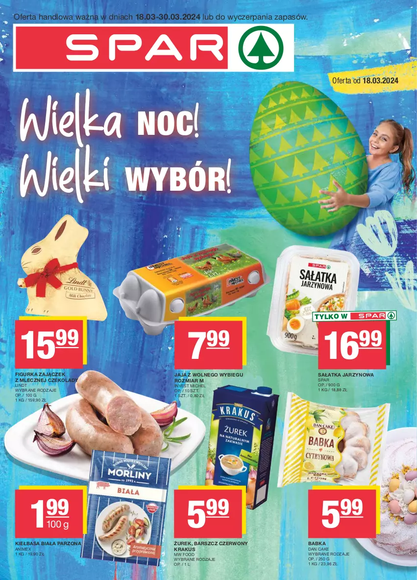 Gazetka promocyjna Spar - Spar - ważna 17.03 do 27.03.2024 - strona 1 - produkty: Babka, Dan Cake, Jaja, Jaja z wolnego wybiegu, Kiełbasa, Kiełbasa biała, Krakus, Lindt, Sałat, Sałatka