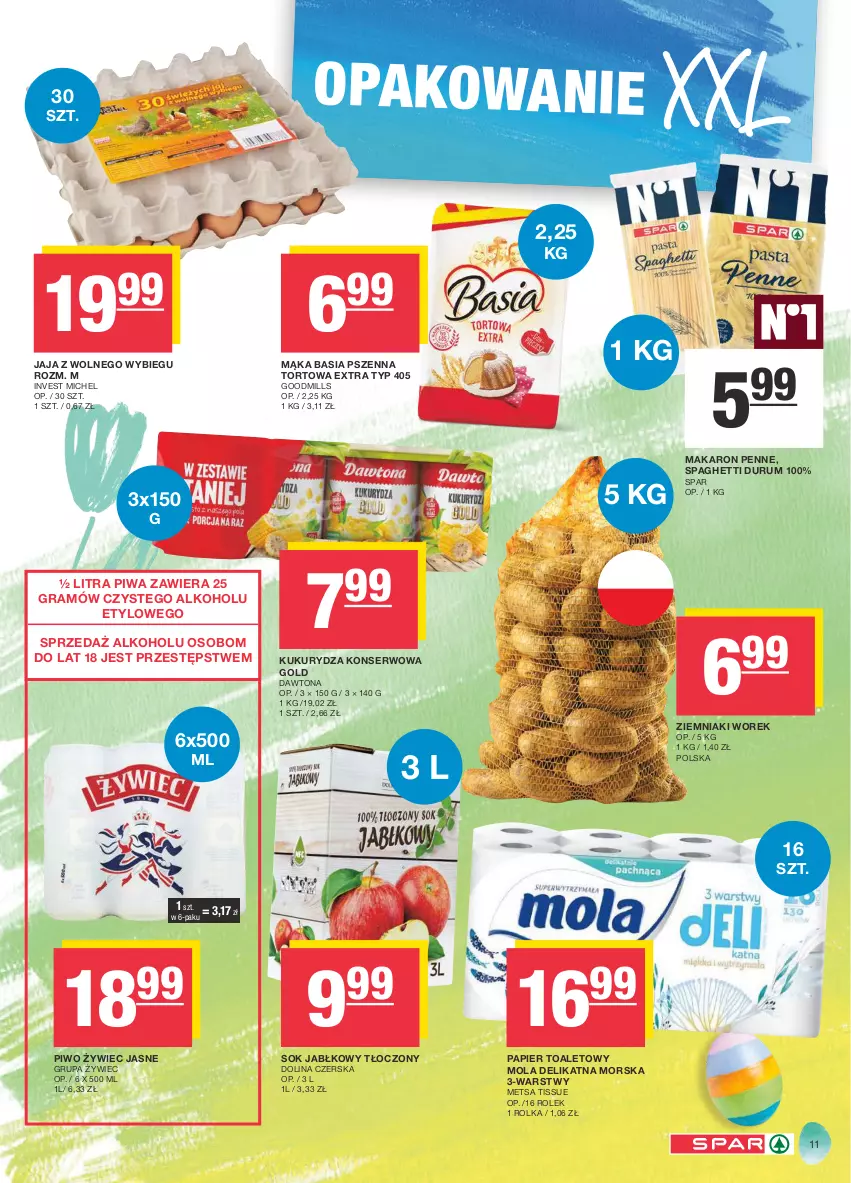 Gazetka promocyjna Spar - Spar - ważna 17.03 do 27.03.2024 - strona 11 - produkty: Basia, Dawtona, Gra, Jaja, Jaja z wolnego wybiegu, Kukurydza, Kukurydza konserwowa, Mąka, Makaron, Mola, Papier, Papier toaletowy, Penne, Piwa, Piwo, Rum, Ser, Sok, Sok jabłkowy, Spaghetti, Ziemniaki