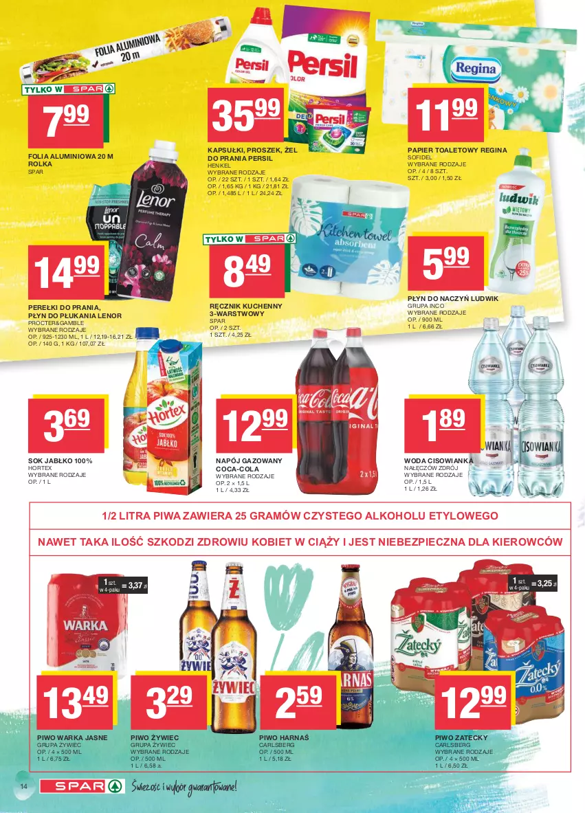 Gazetka promocyjna Spar - Spar - ważna 17.03 do 27.03.2024 - strona 14 - produkty: Carlsberg, Cisowianka, Coca-Cola, Folia aluminiowa, Gin, Gra, Harnaś, Hortex, Lenor, Ludwik, Napój, Napój gazowany, Papier, Papier toaletowy, Persil, Piec, Piwa, Piwo, Płyn do płukania, Ręcznik, Ręcznik kuchenny, Sok, Warka, Woda